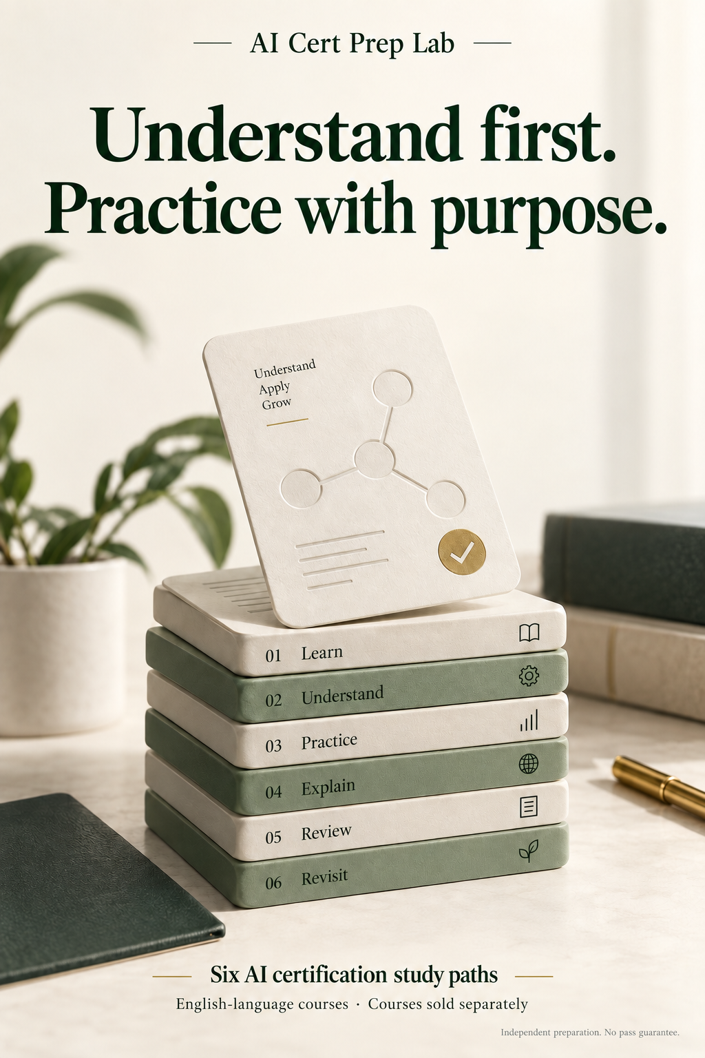 Concept illustration of paper learning cards and books, with English AI Cert Prep Lab messaging.