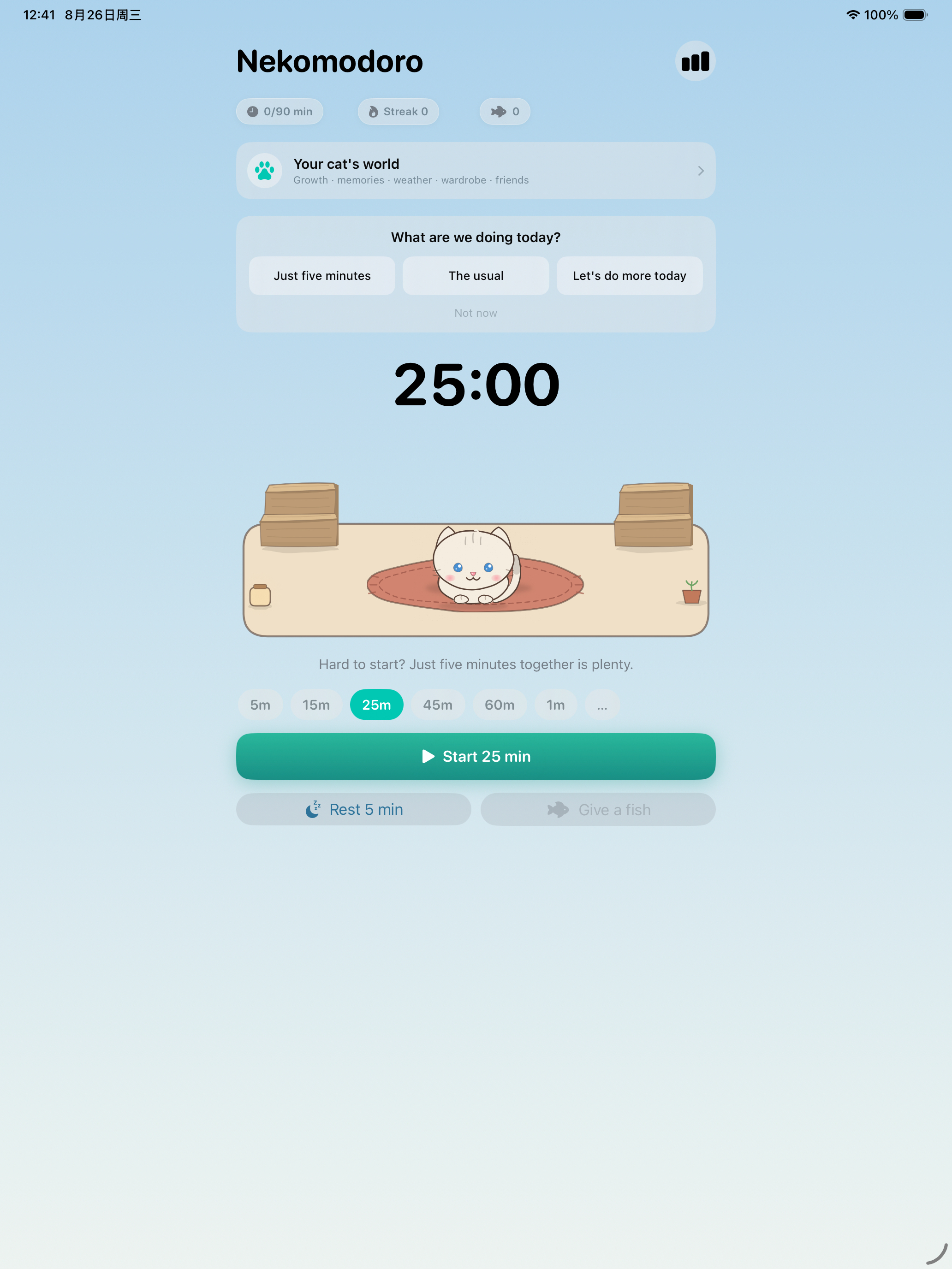 Nekomodoro home screen in English with a hand-drawn cat, focus timer and session controls