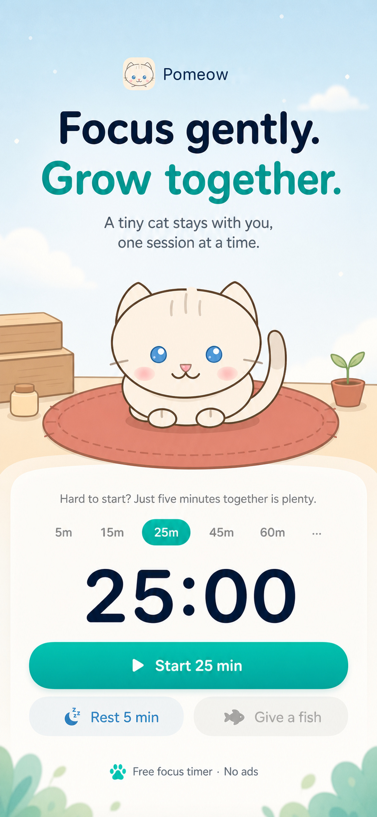 Pomeow focus timer with a hand-drawn cat and a 25 minute session