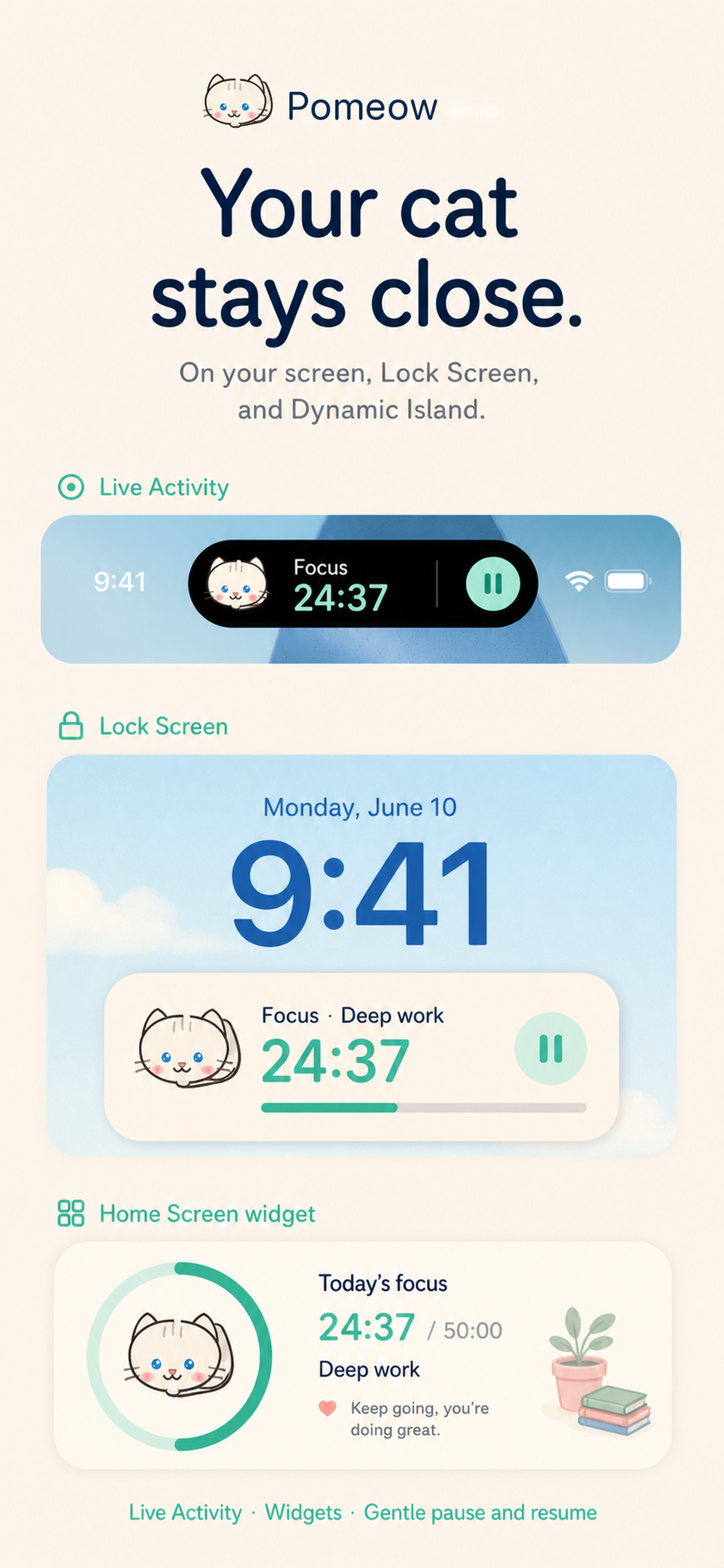 Pomeow Live Activity, Lock Screen and Home Screen widgets