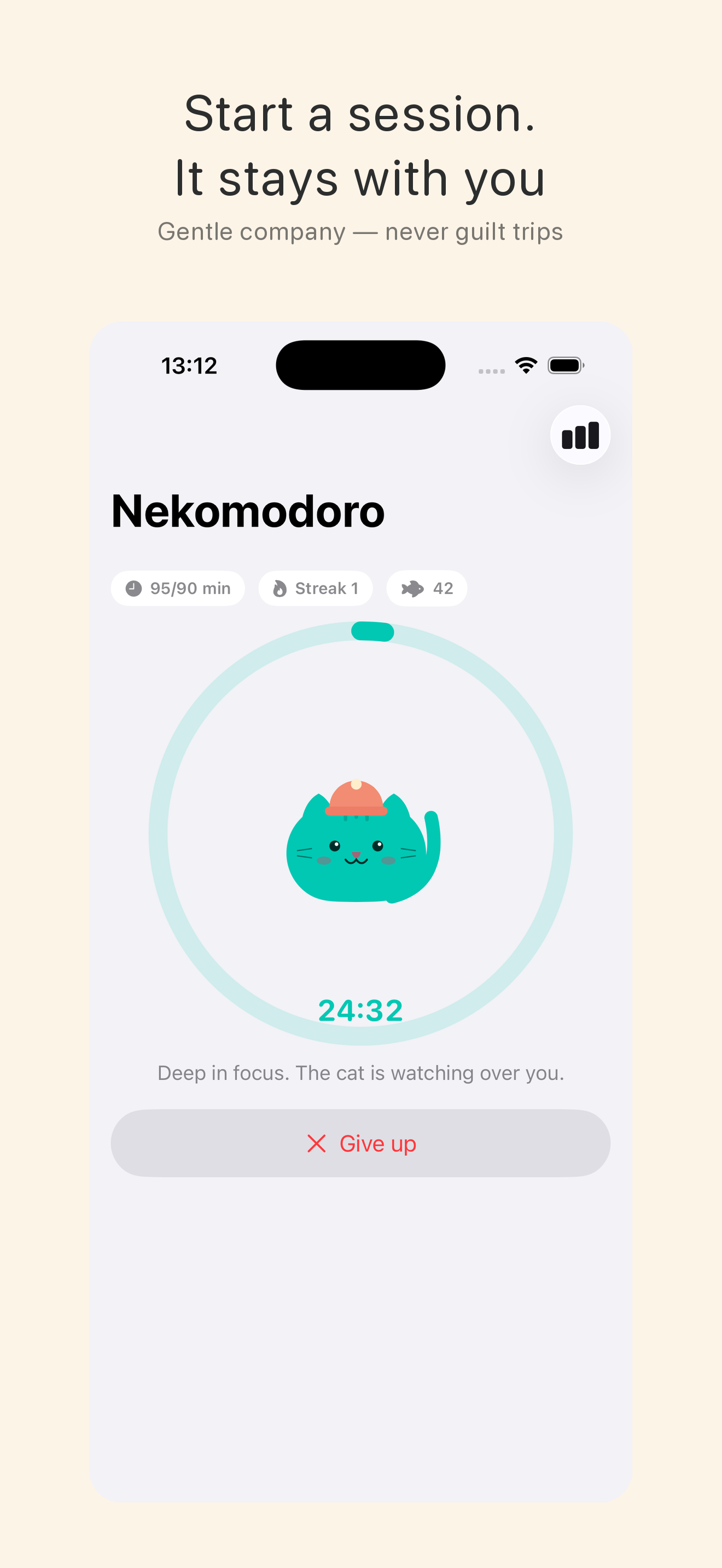 Nekomodoro active focus session with countdown