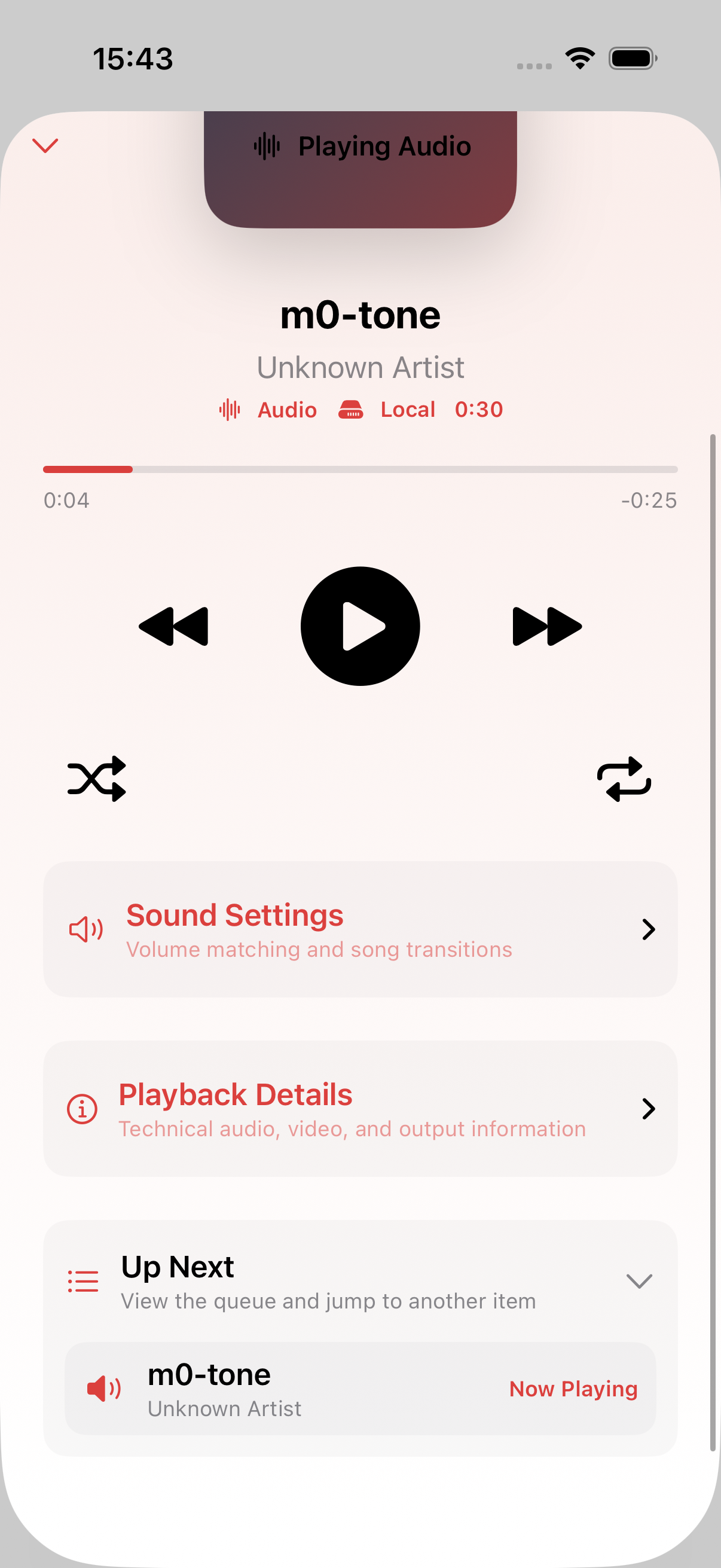 Rivona Player Now Playing screen with the Up Next queue expanded for the current track