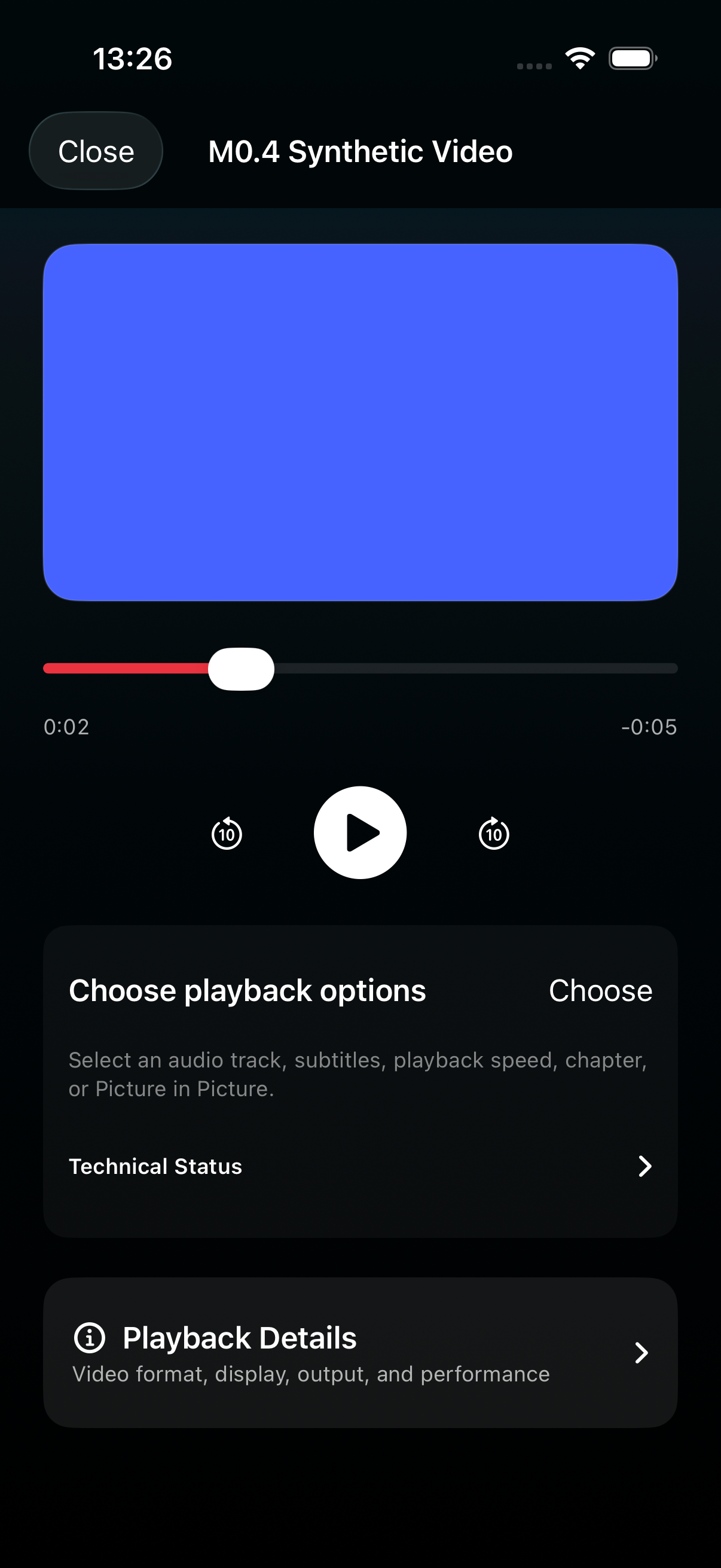 Rivona Player video playback screen with direct controls and optional playback details