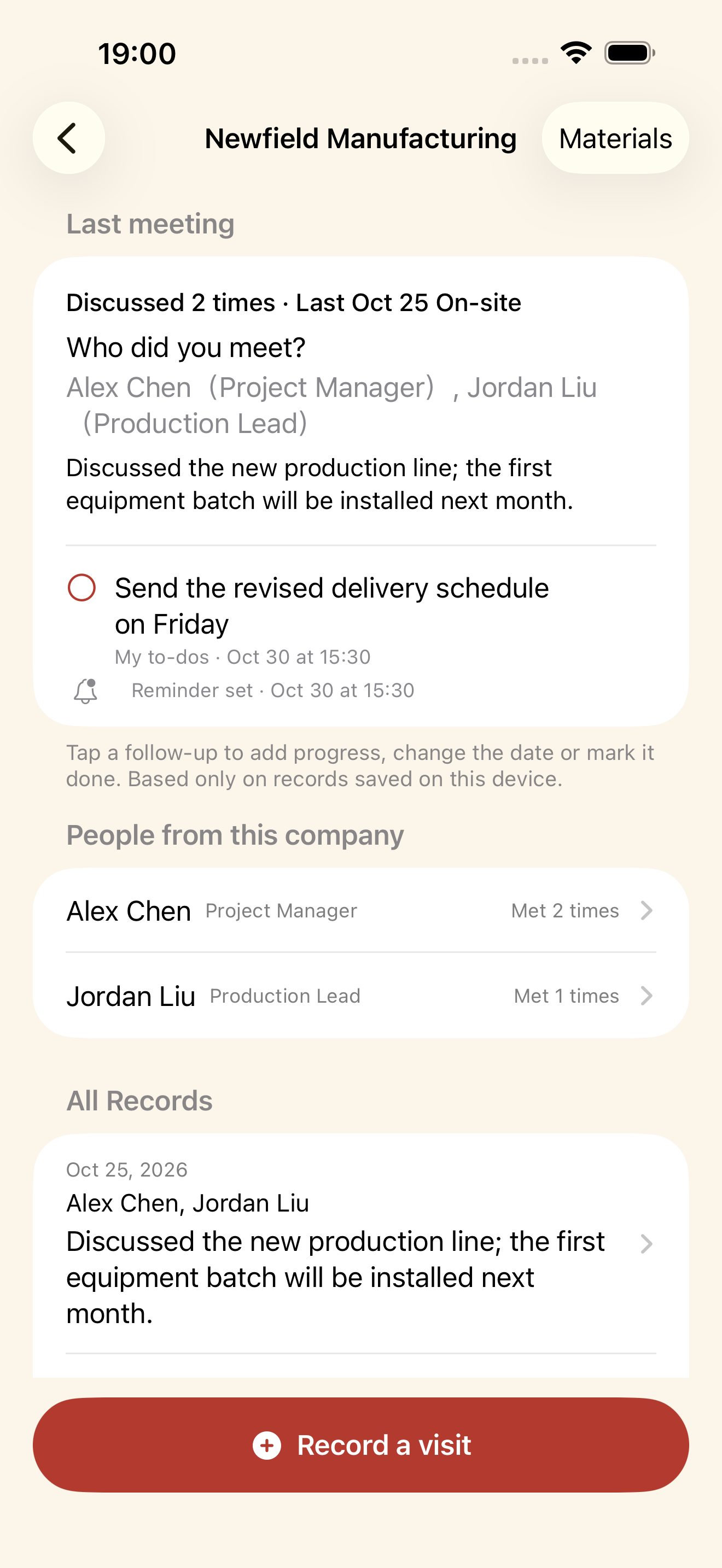 VisitLine 0.2.3 · Actual app screens with fictional example data